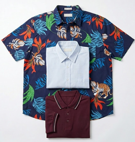 A flat-lay of three new-season BOS shirts